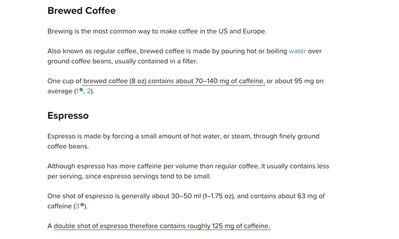 Количество кофеина в эспрессо и кофе из капельной кофеварки